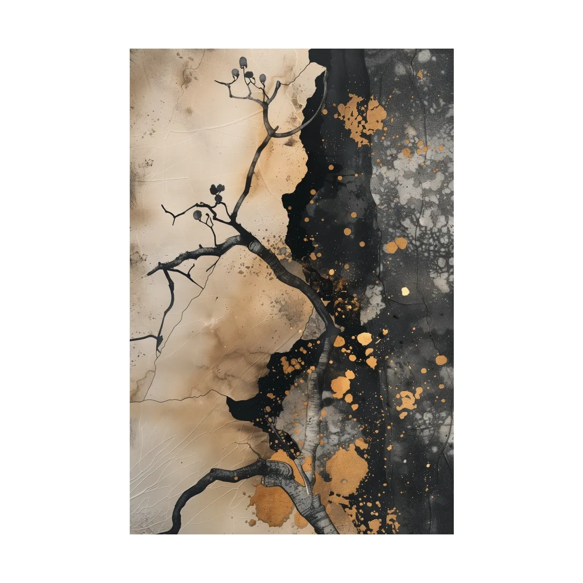 Ink Branch Silhouette With Gold Splatter - Modern Japandi Abstract Wall Art