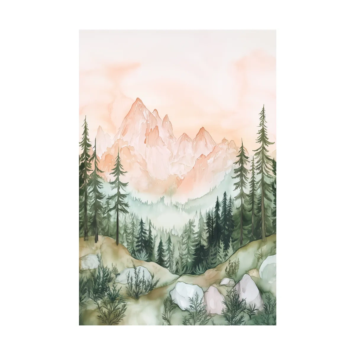 Pastel Watercolor Mountain Peaks & Pine Forest - Serene Alpine Landscape Artwork