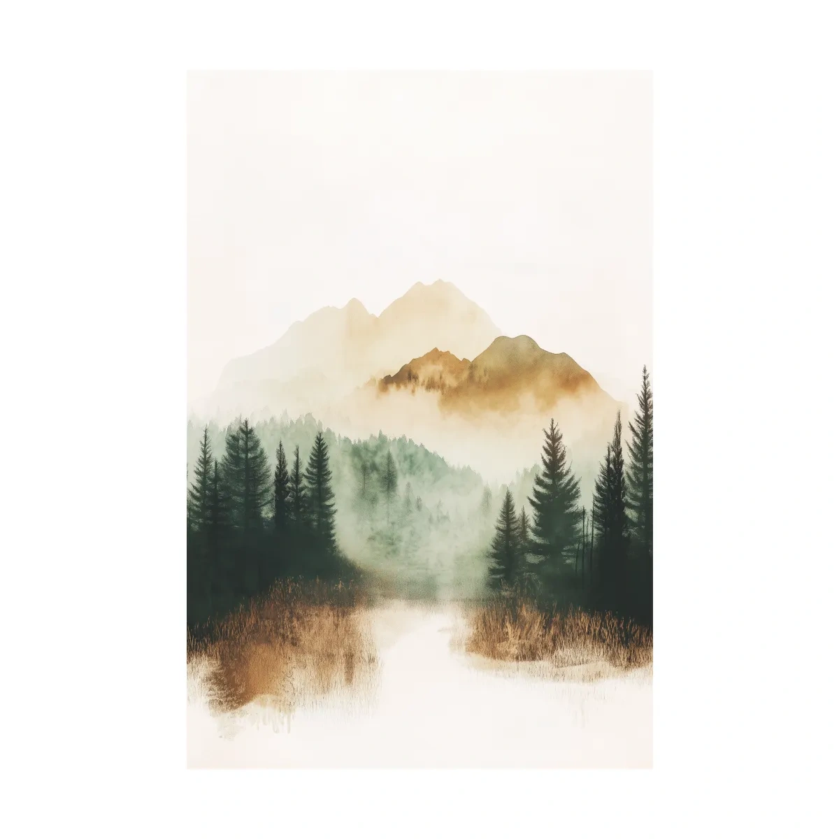 Misty Watercolor Mountain Lake & Pine Forest - Serene Nature Landscape Wall Art