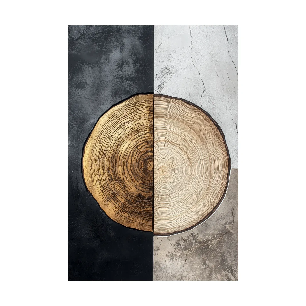Split Marble And Charcoal Wood Slice - Modern Rustic Tree Ring Wall Art