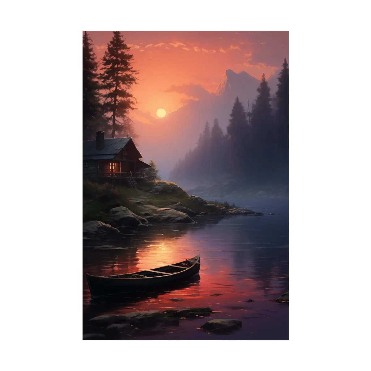 Lakeside Cabin Sunset Landscape - Cinematic Mountain Lake Wall Art