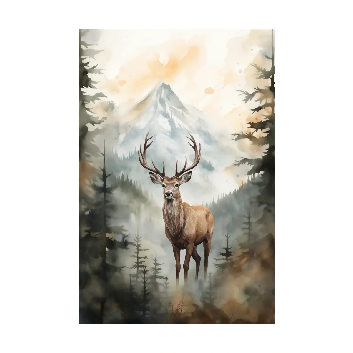 Watercolor Stag In Misty Mountain Forest - Serene Wildlife Wall Art