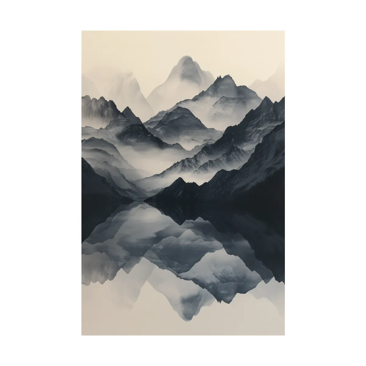 Monochrome Misty Mountain Reflection Landscape - Minimalist Japandi Wall Art