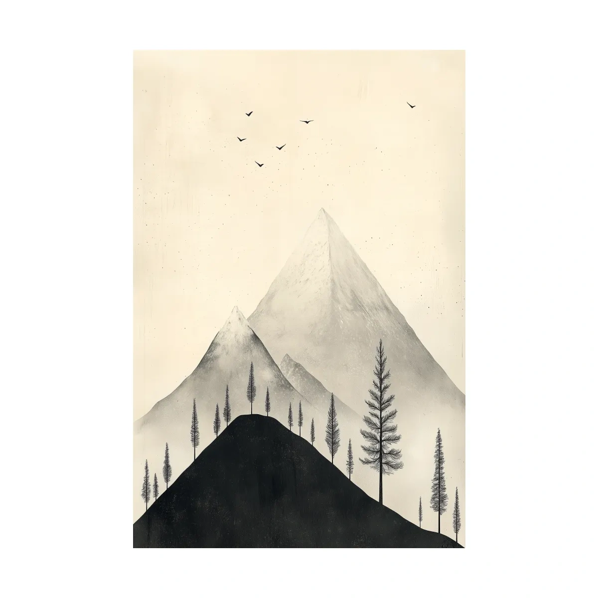 Minimalist Misty Mountain Peaks With Pine Trees - Monochrome Scandinavian Landscape Artwork