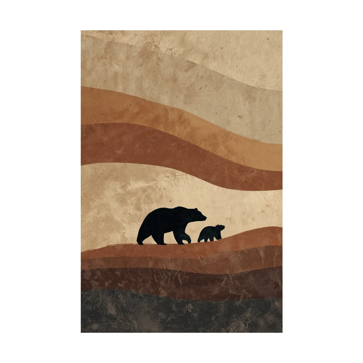 Scandi Bear Family Silhouette Artwork - Earthy Abstract Wildlife Wall Art