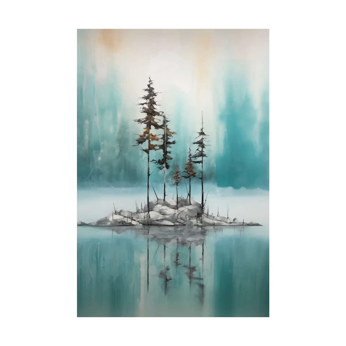 Misty Pine Trees Reflection - Watercolor Turquoise Alpine Lake Wall Art