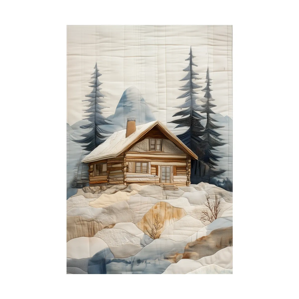 Rustic Winter Cabin In Snowy Pines - Textured Patchwork Fabric Effect Wall Art