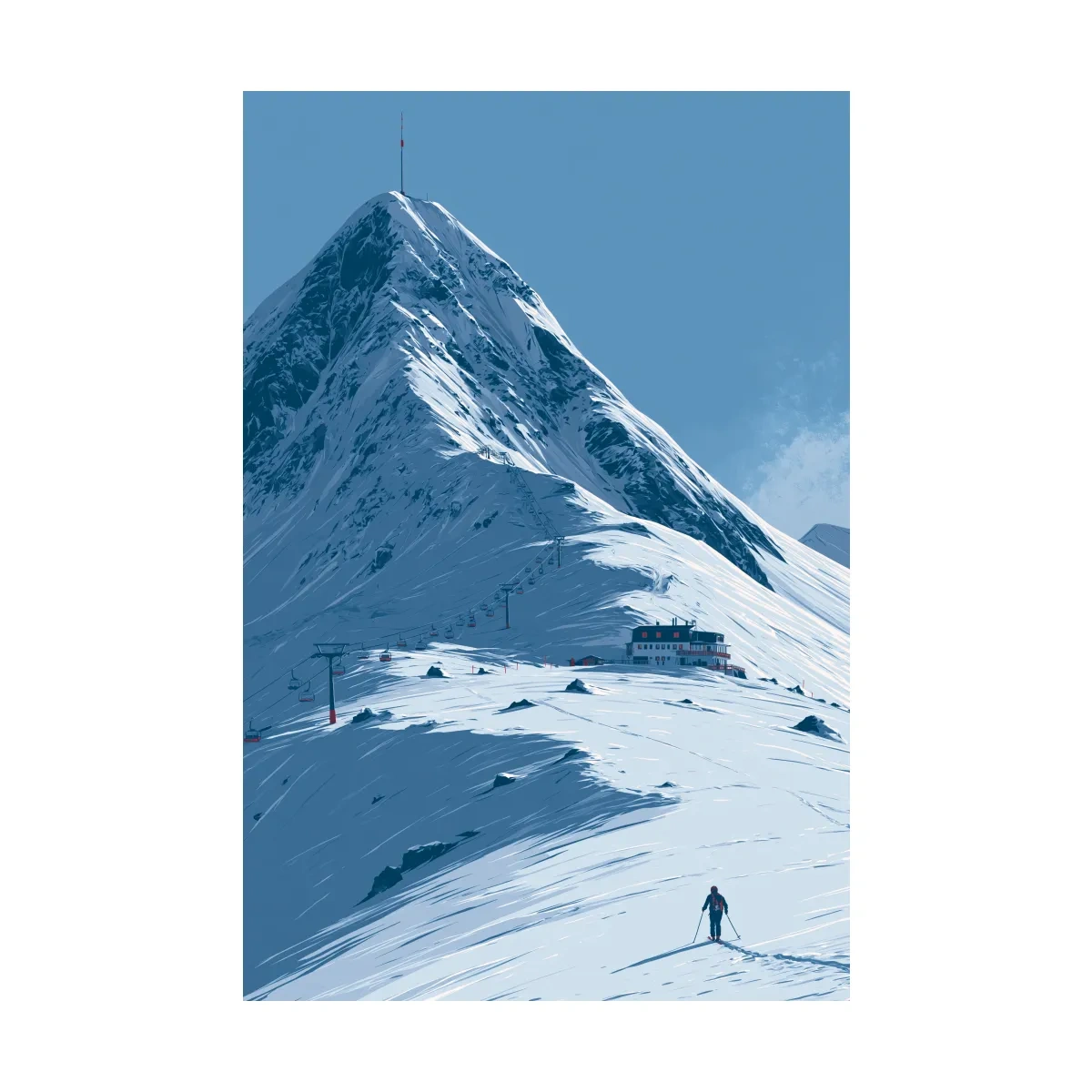 Alpine Mountain Skier Artwork - Minimalist Winter Landscape Wall Art