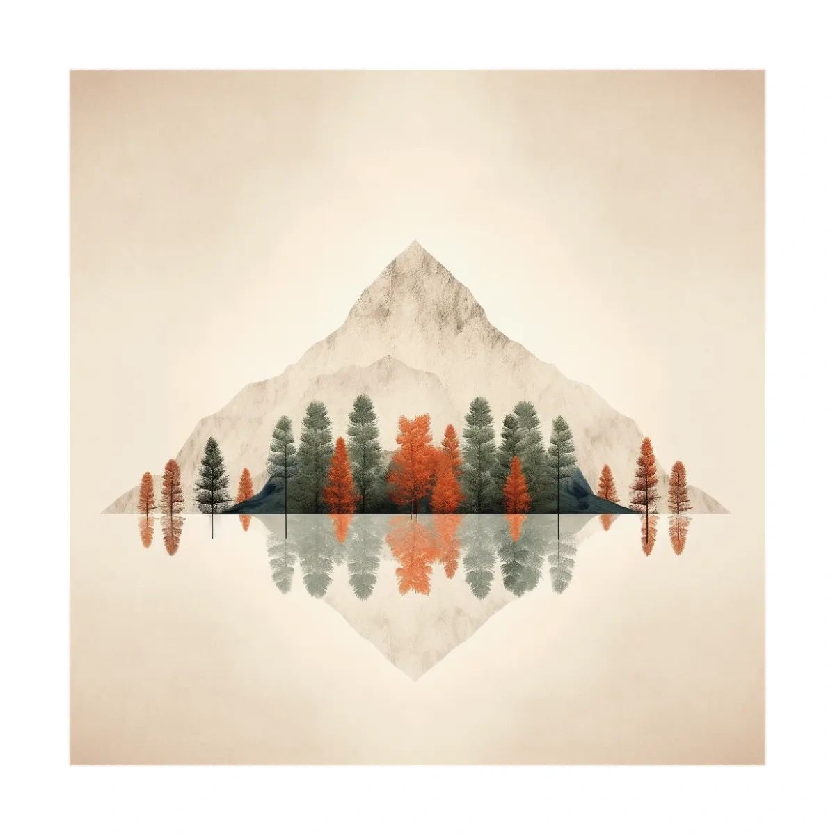 Minimalist Minimal Mountain Lake Reflection Painting - Autumn Pine Forest Artwork