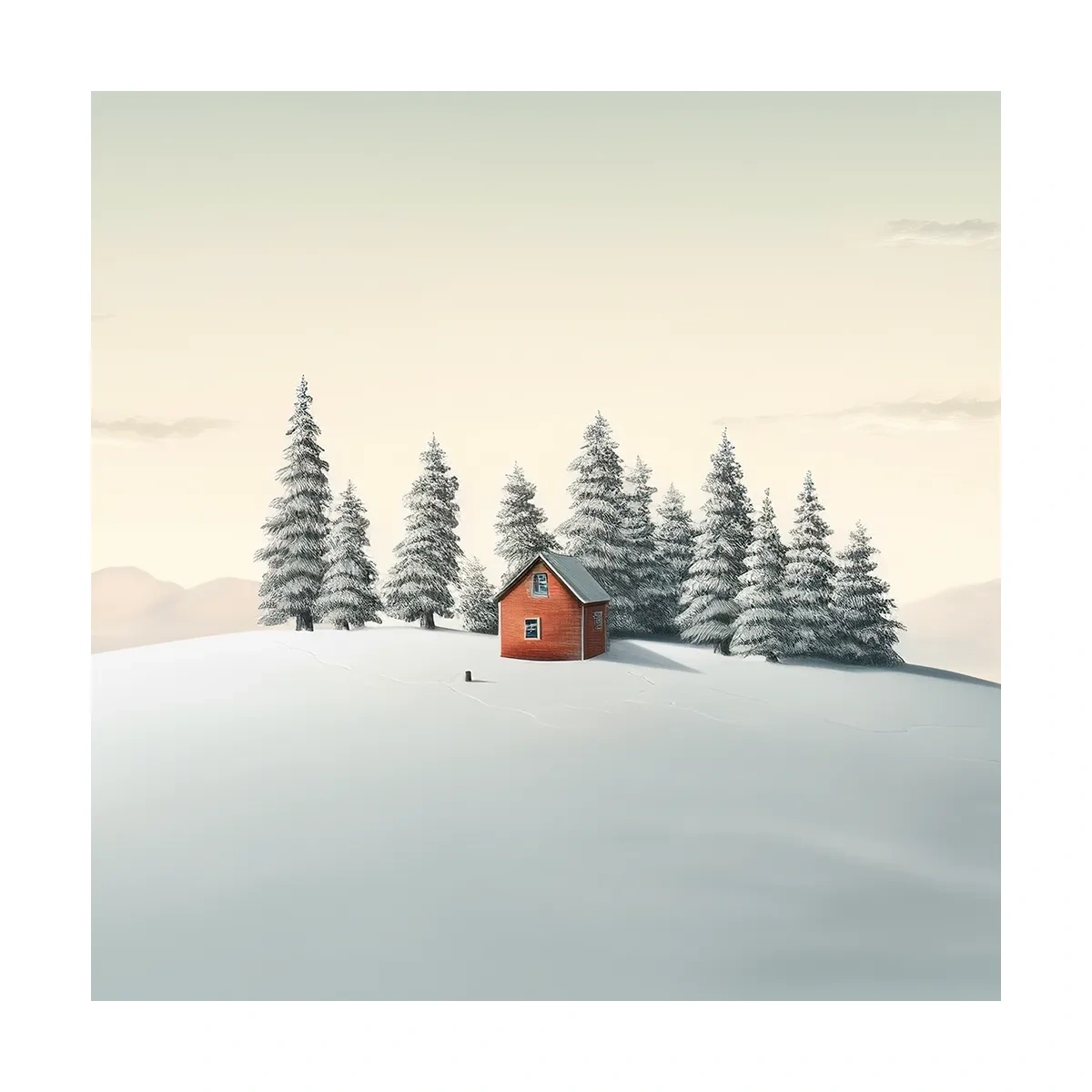 Minimalist Snowy Cabin In Pine Forest - Serene Winter Landscape Wall Art