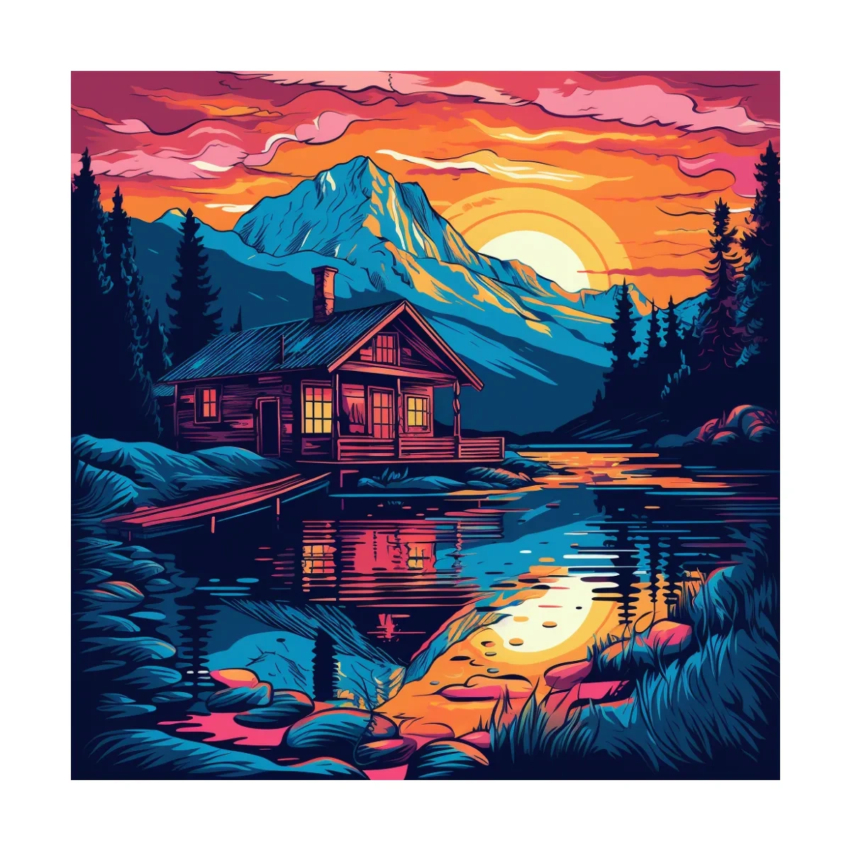 Vibrant Retro Alpine Lake Cabin Sunset - Vector Mountain Wall Art