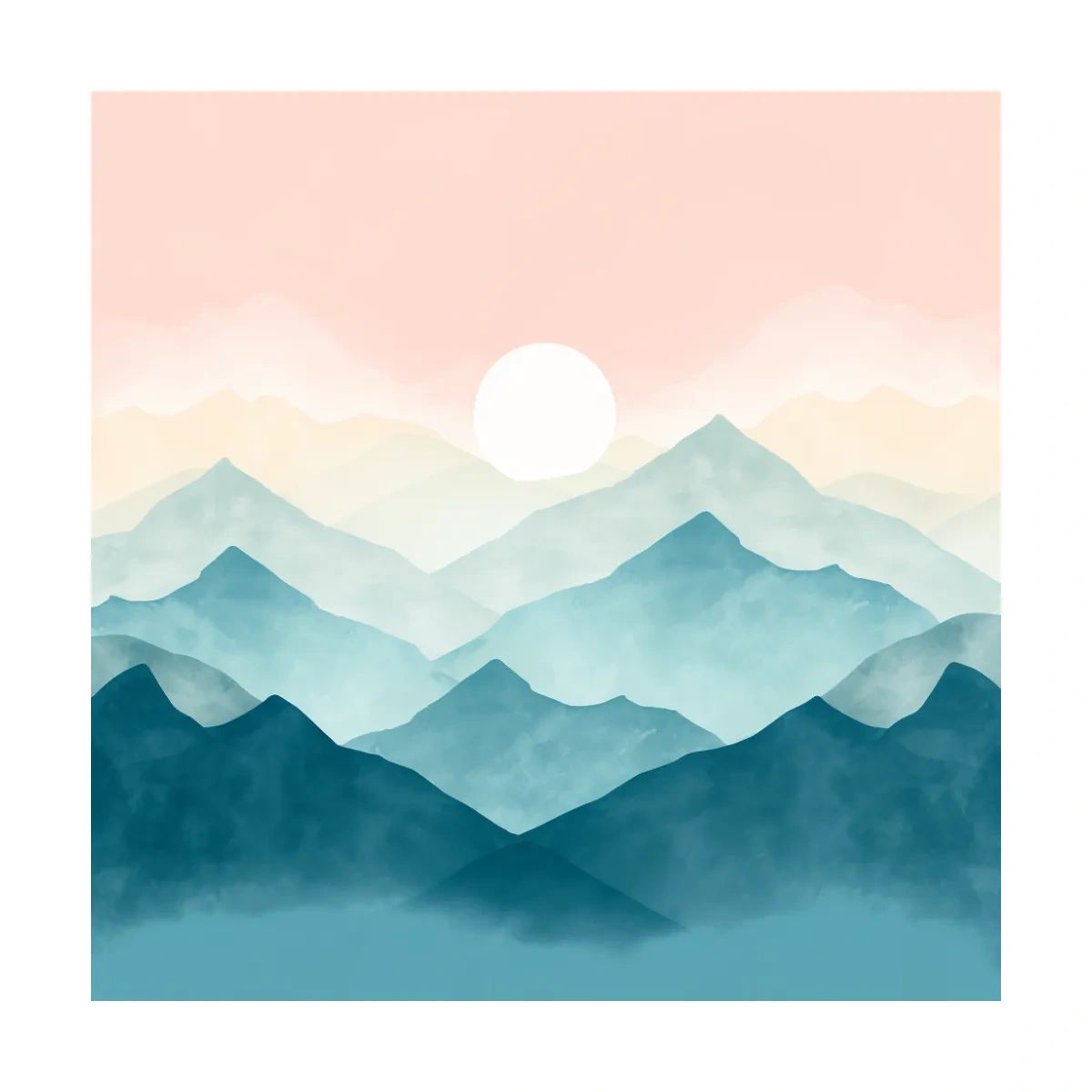 Minimalist Watercolor Misty Mountain Sunrise - Pastel Alpine Landscape Wall Art