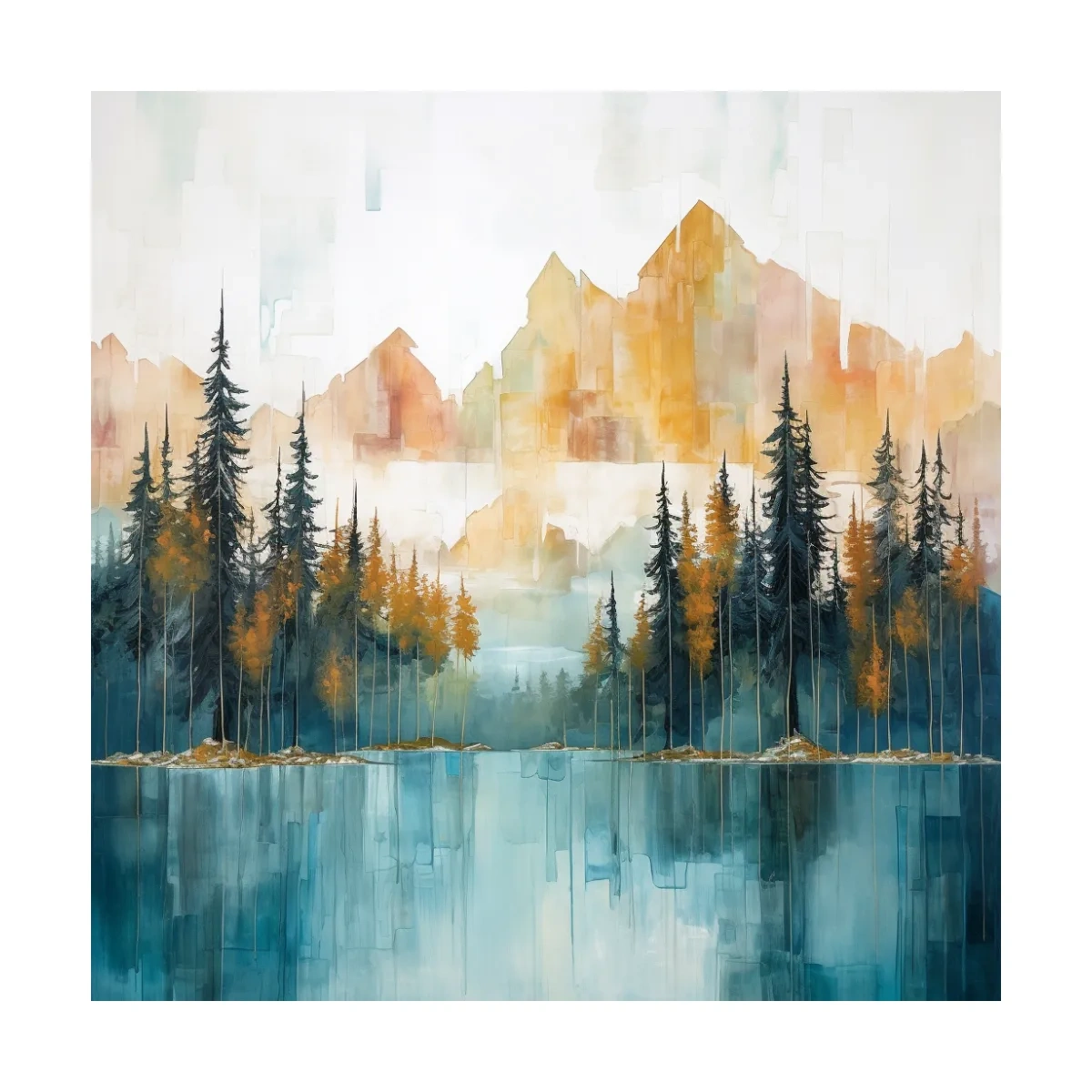 Abstract Watercolor Alpine Lake Reflection - Misty Mountain Forest Wall Art