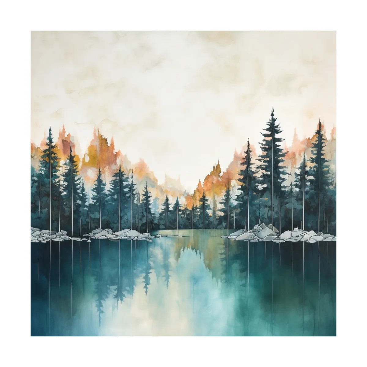 Misty Forest Lake Watercolor Painting - Serene Landscape Wall Art