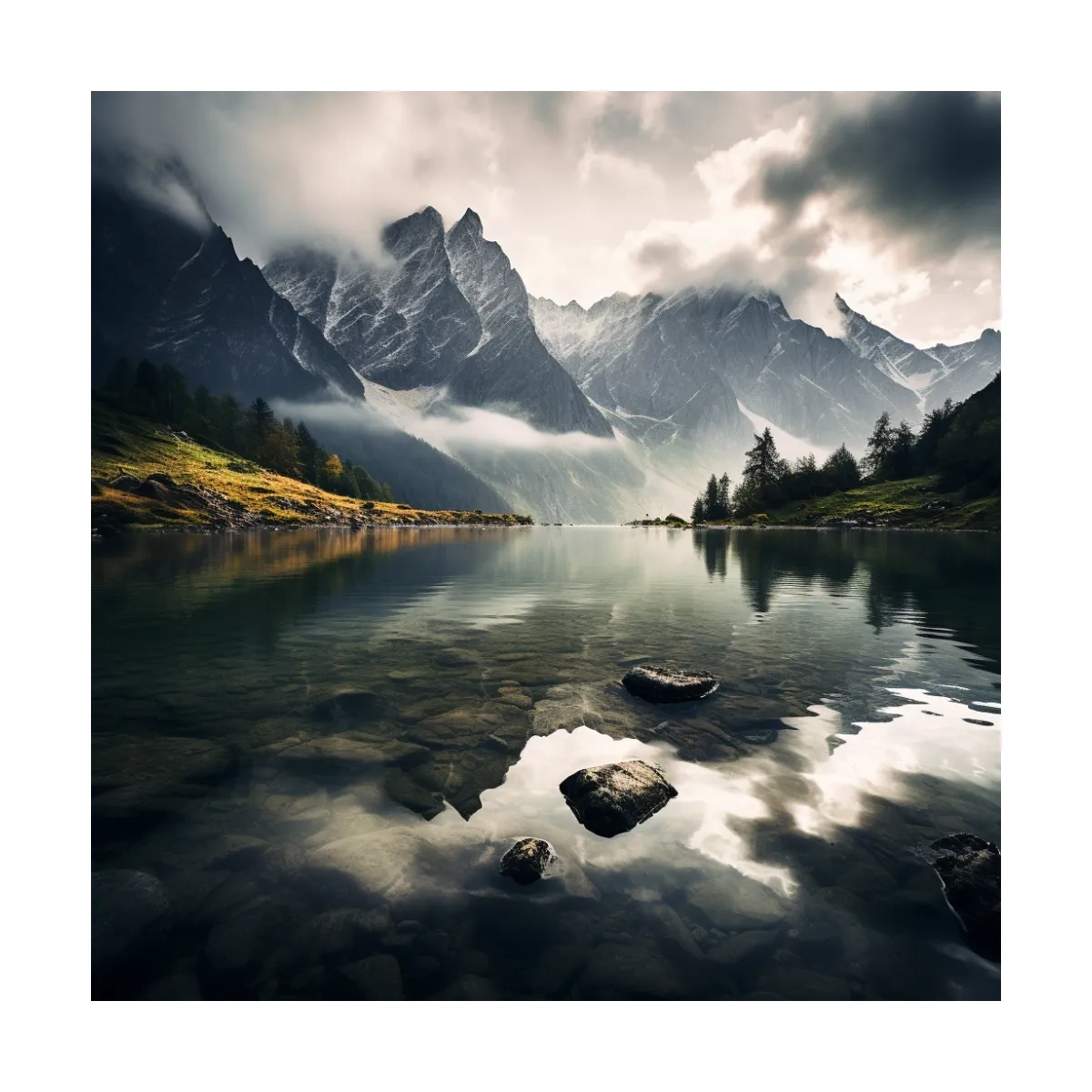Moody Alpine Lake Reflection Photographic Print - Dramatic Landscape Wall Art