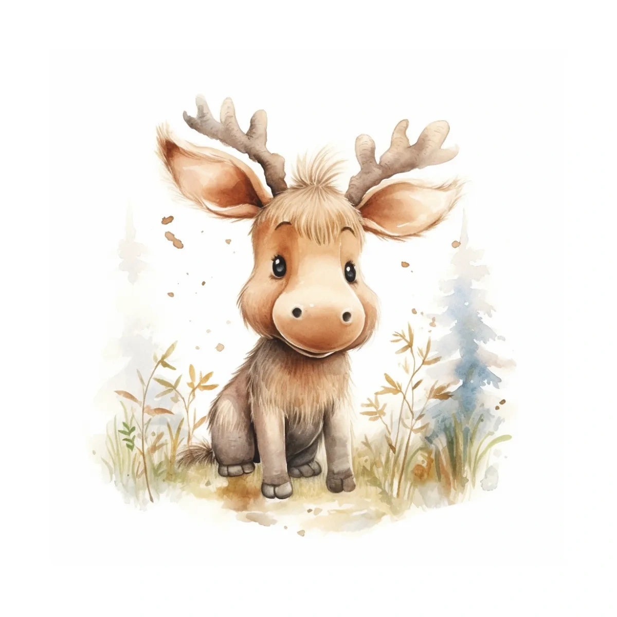 Cute Baby Moose Watercolor Illustration - Woodland Nursery Animal Wall Art