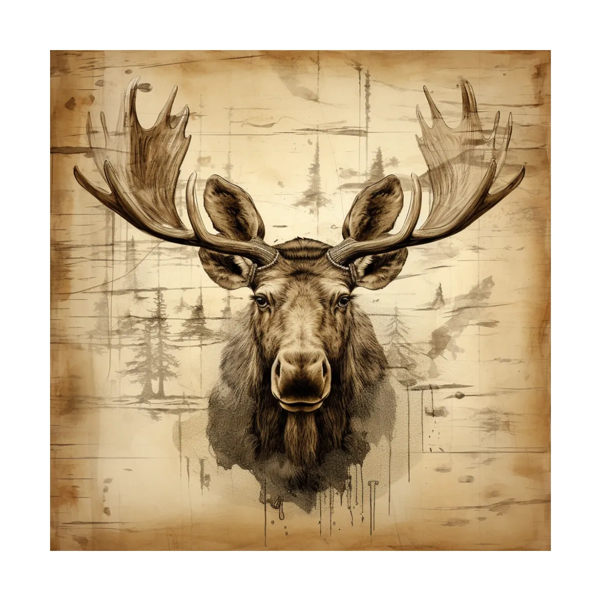 Rustic Sepia Moose Portrait Sketch - Vintage Lodge Wildlife Wall Art