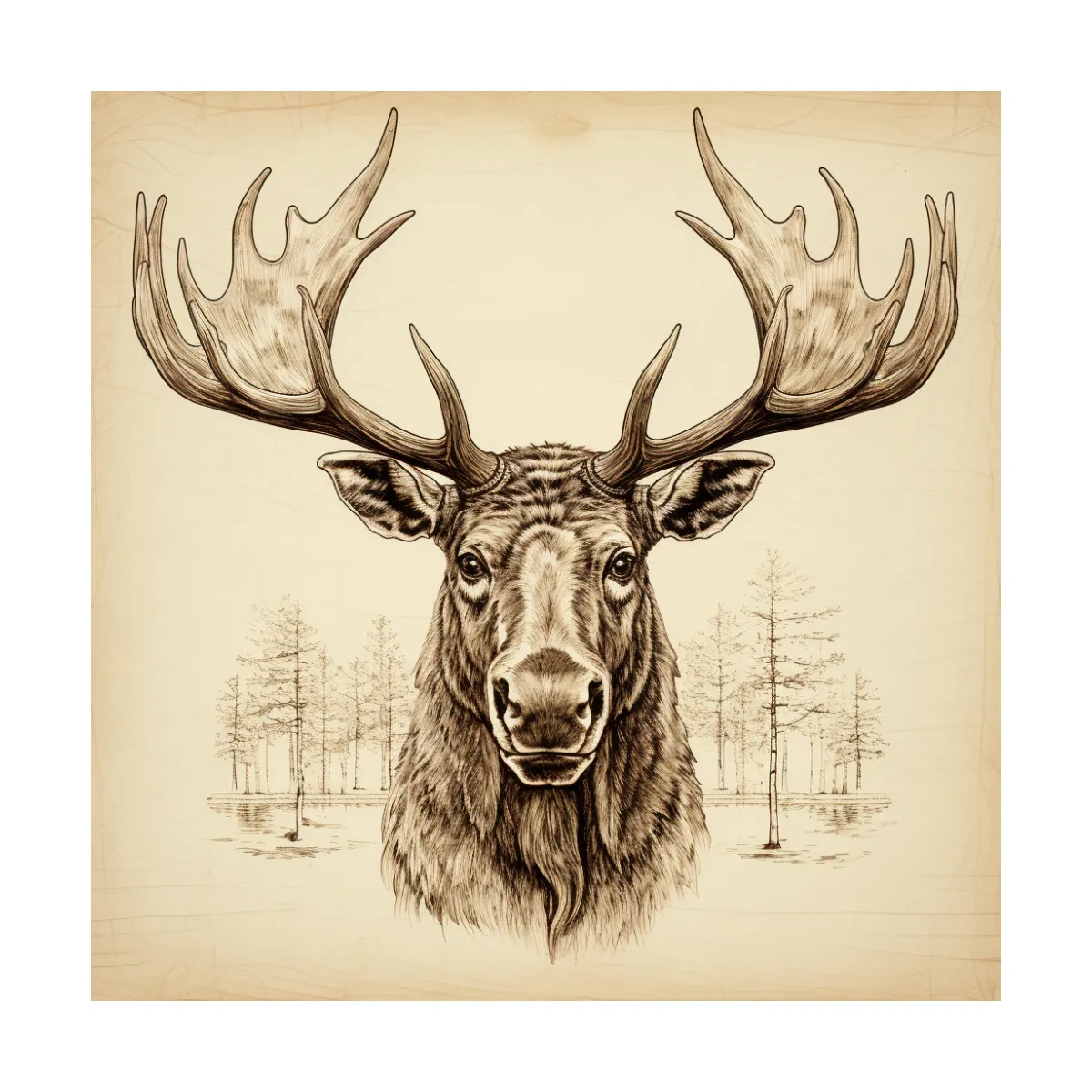 Rustic Sepia Moose Head Sketch - Vintage Woodland Wildlife Wall Art