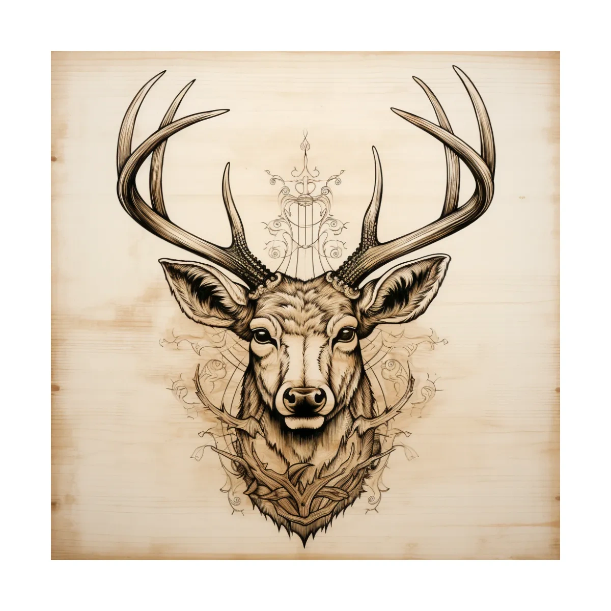 Ornate Deer Head on Wood Sketch Illustration - Rustic Wildlife Wall Art