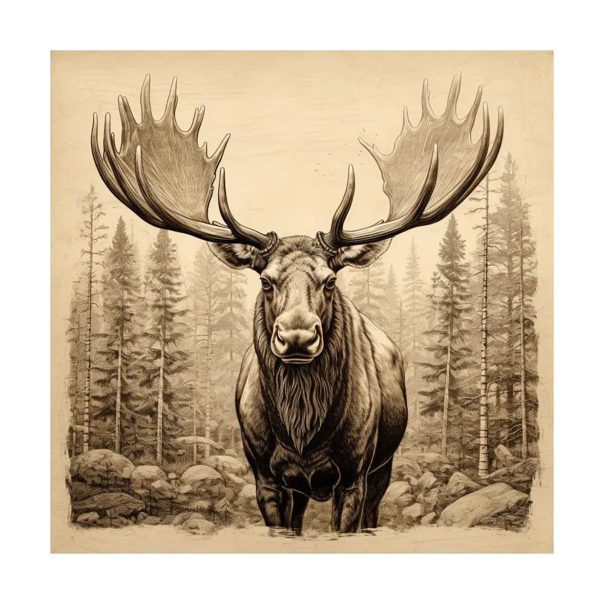 Majestic Moose Portrait Sketch - Vintage Sepia Wildlife Wall Art