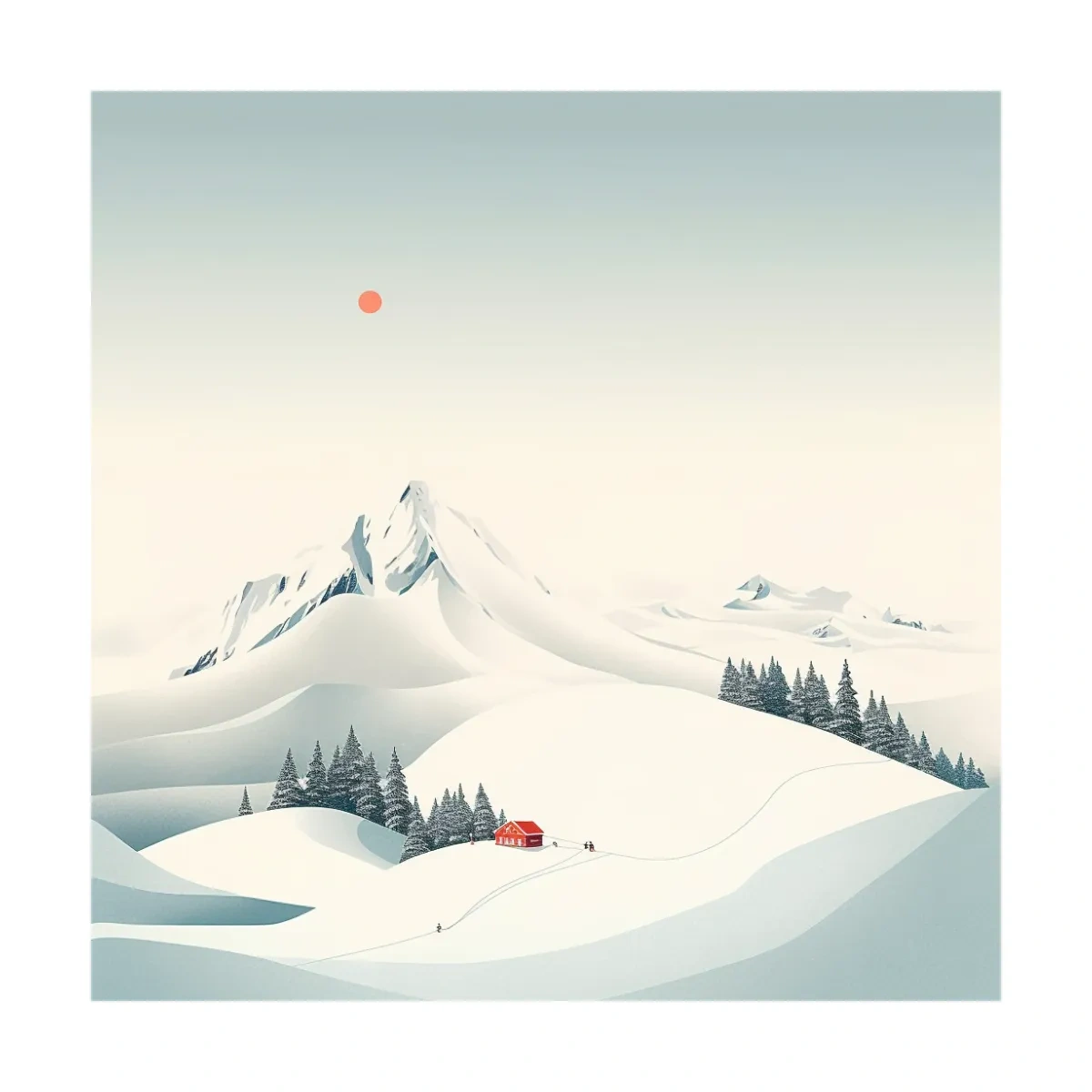Minimalist Snowy Mountain Cabin Landscape - Winter Wall Art