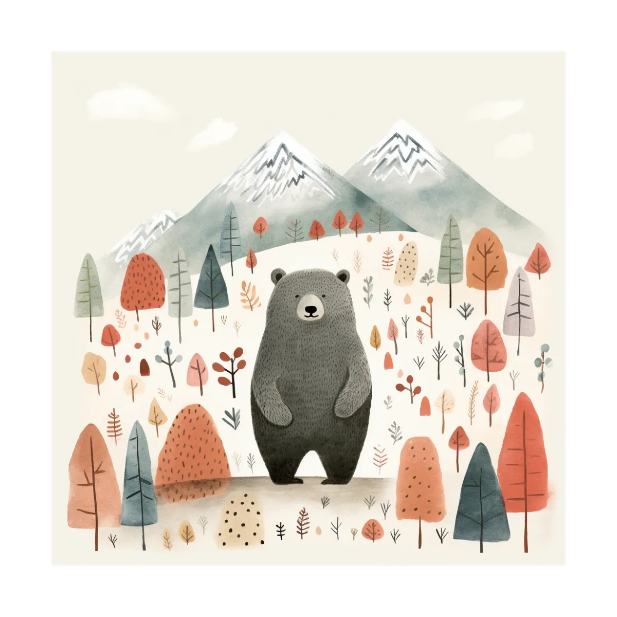 Cute Bear In Autumn Mountains - Scandinavian Nursery Woodland Animal Wall Art