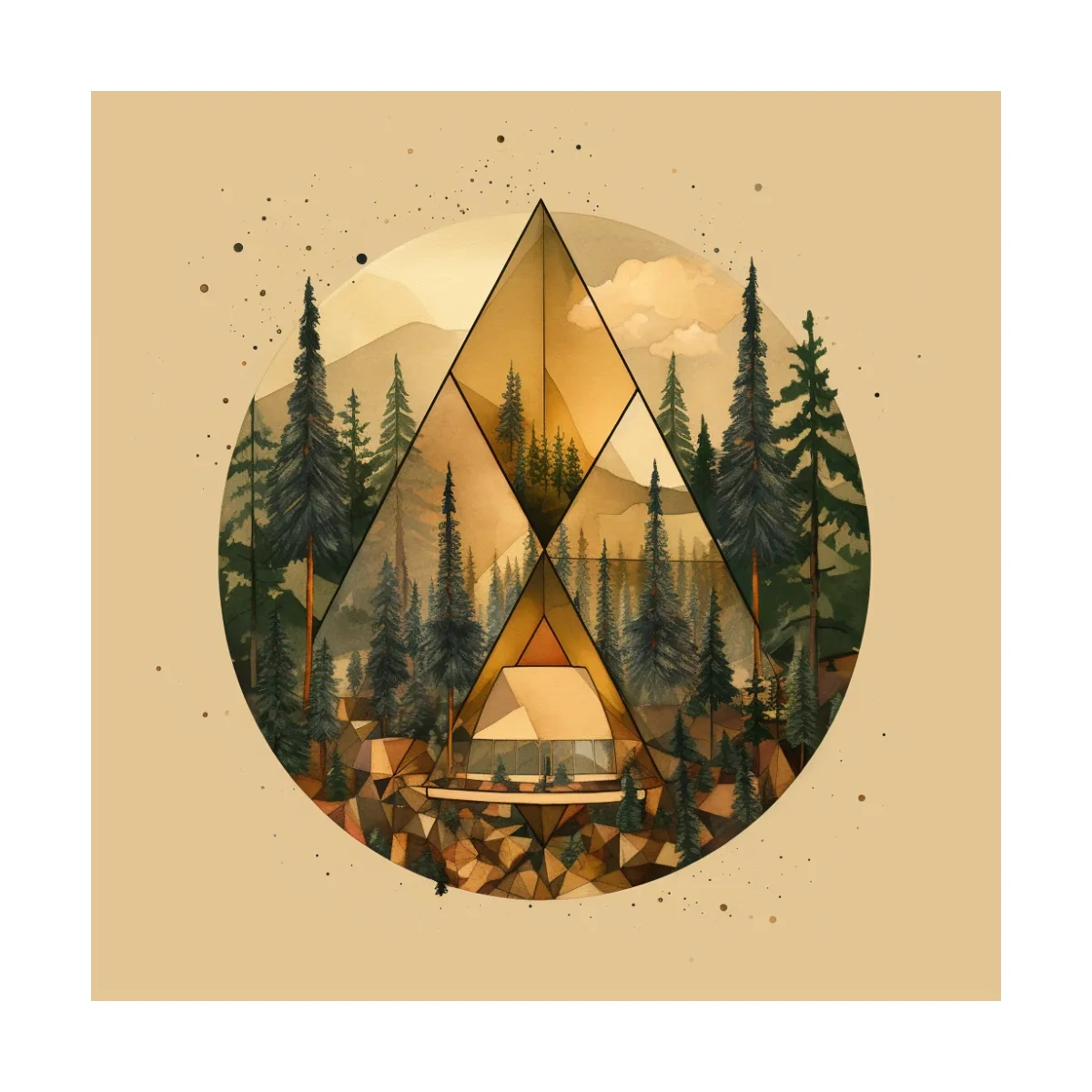 Geometric Mountain Cabin Forest Landscape - Modern Abstract Nature Wall Art