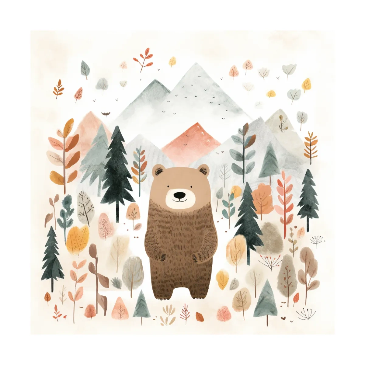 Cute Watercolor Bear Bear In Forest - Whimsical Mountain Nursery Wall Art