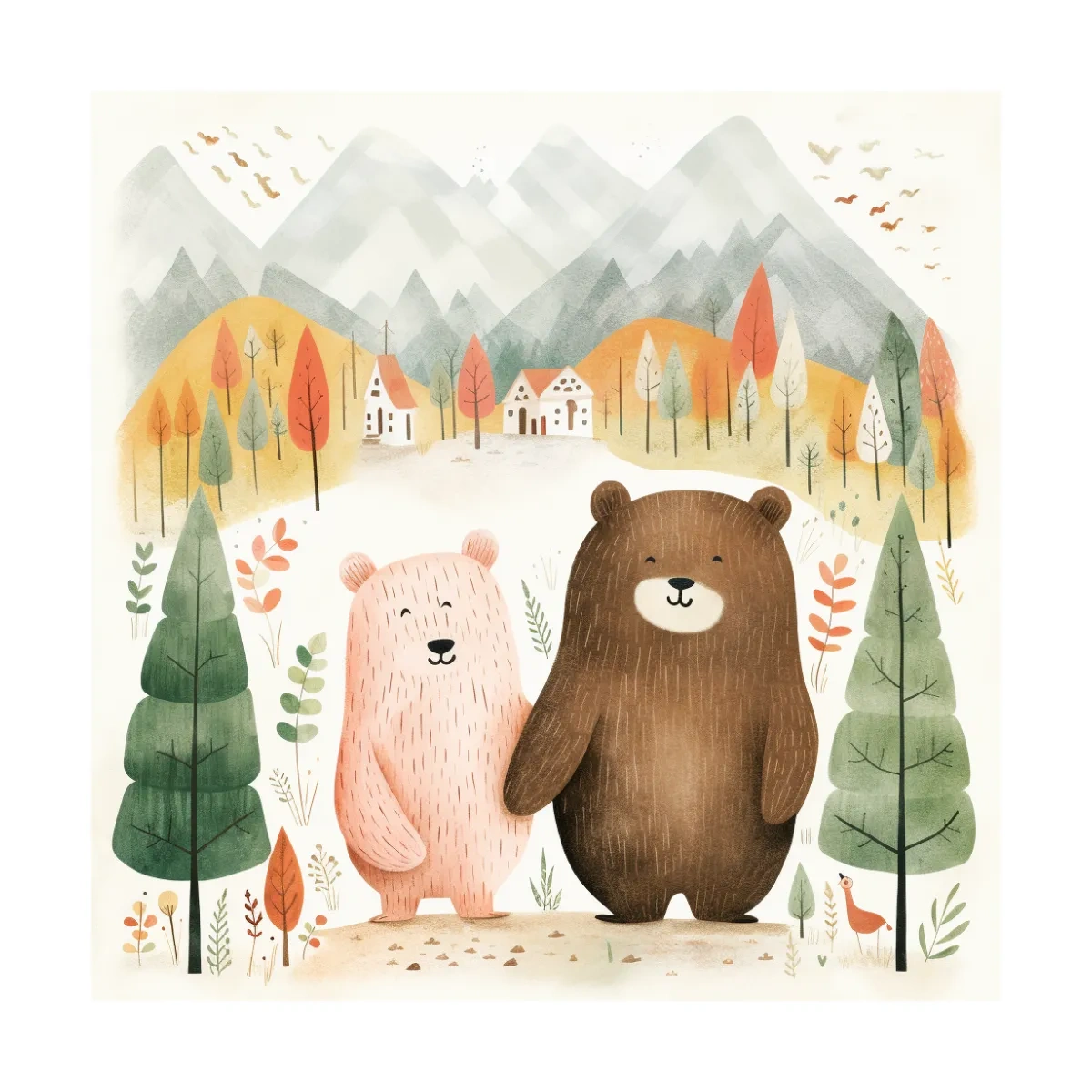 Cute Bear Couple Watercolor Illustration - Whimsical Mountain Forest Nursery Wall Art