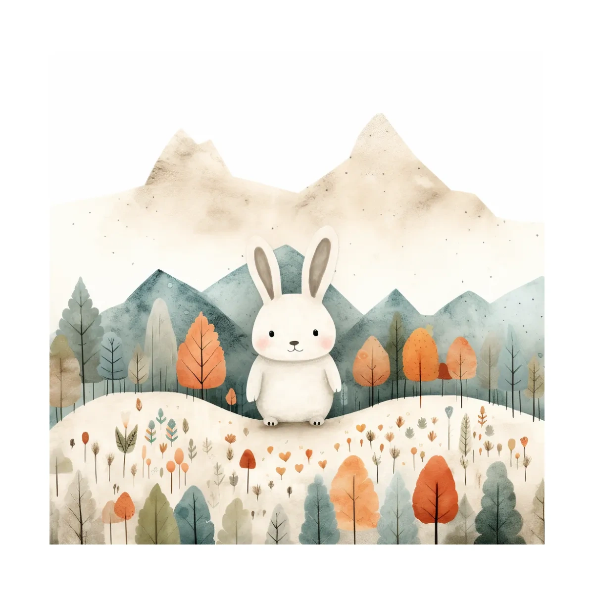 Cute Watercolor Bunny In Mountain Forest - Whimsical Nursery Woodland Wall Art