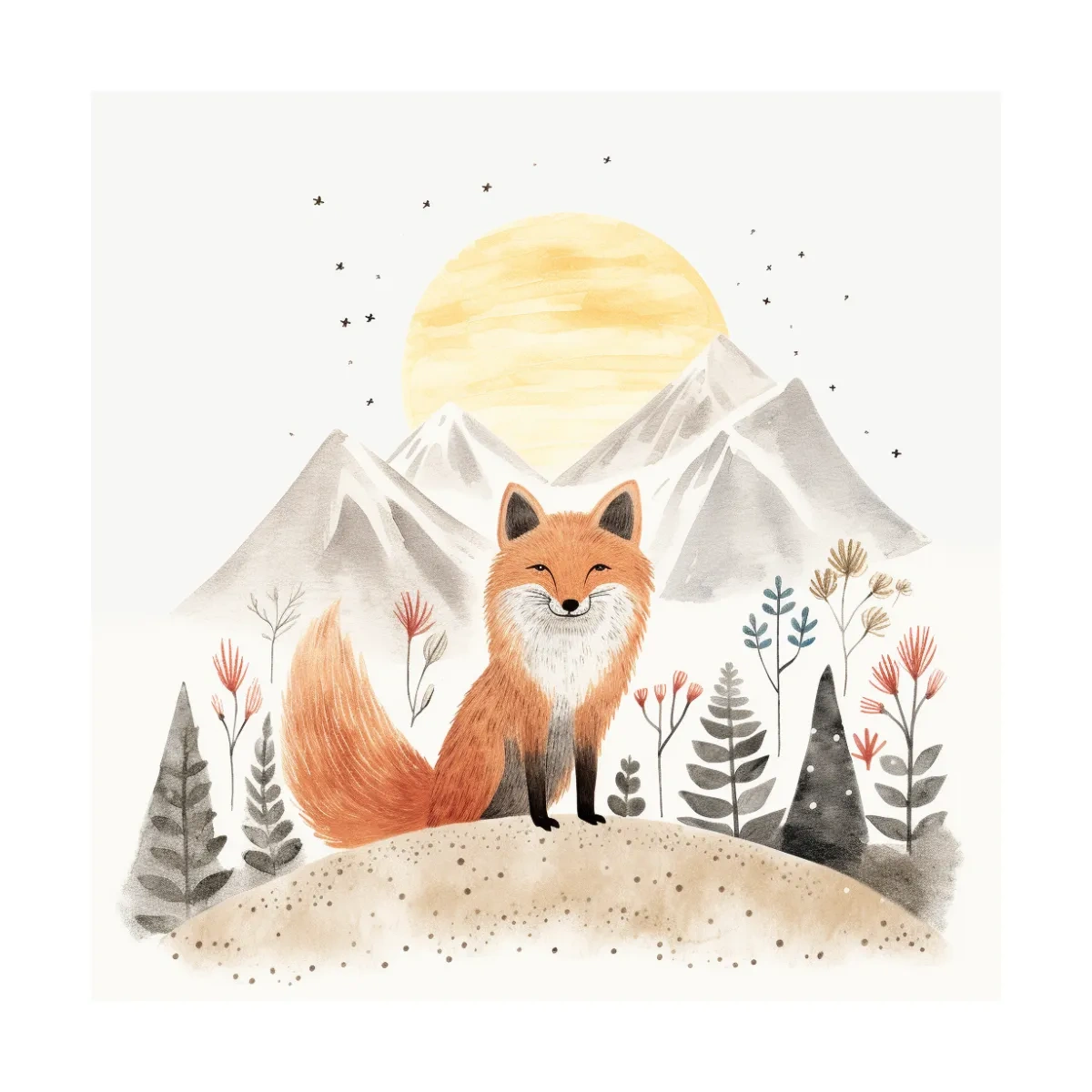Whimsical Watercolor Fox Mountain Sunrise - Nursery Woodland Animal Wall Art