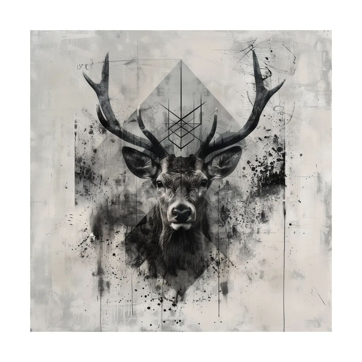 Tribal Monochrome Deer Stag Portrait - Tattoo Style Wildlife Wall Art