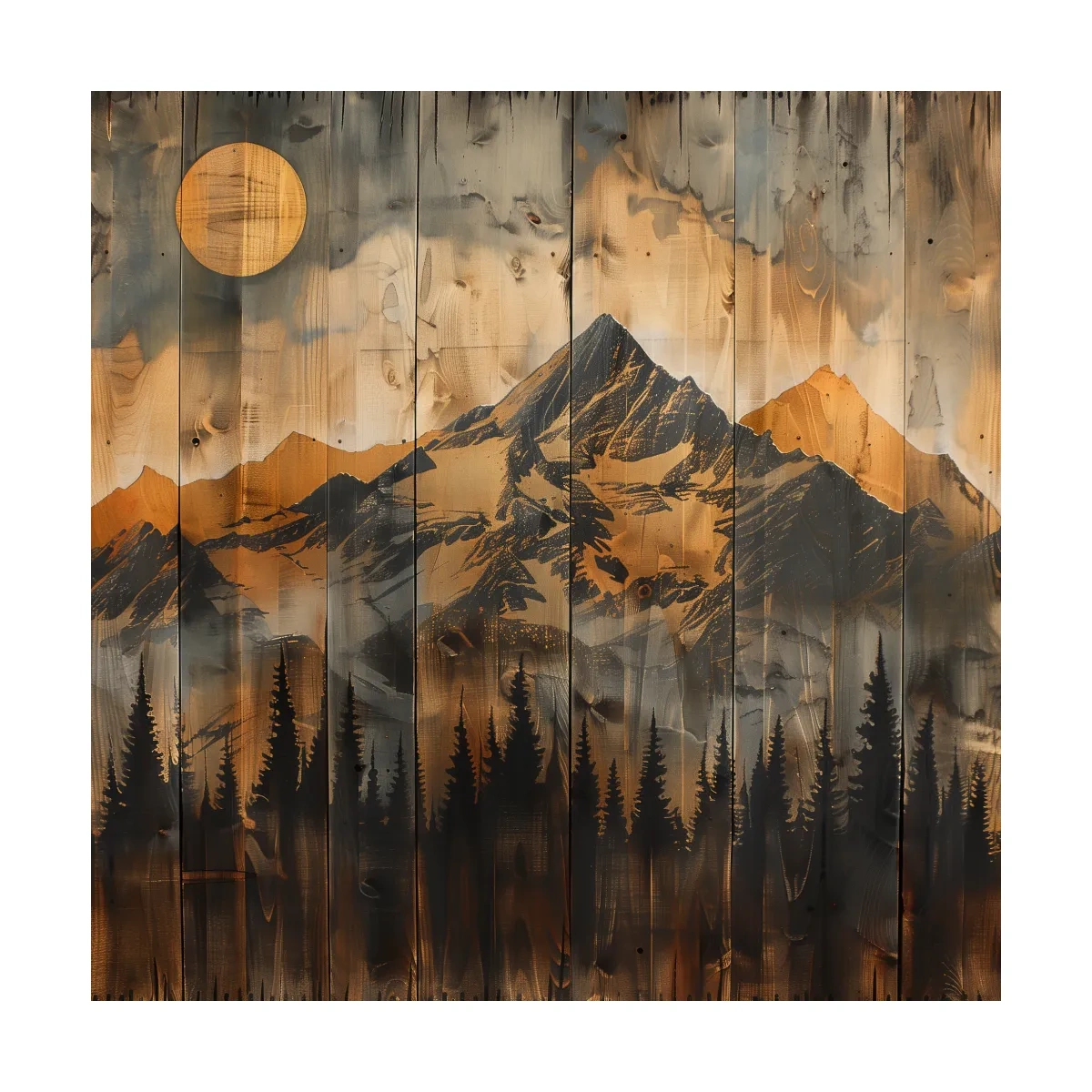Rustic Woodgrain Mountain Sunset Artwork - Vintage Pine Forest Wall Art