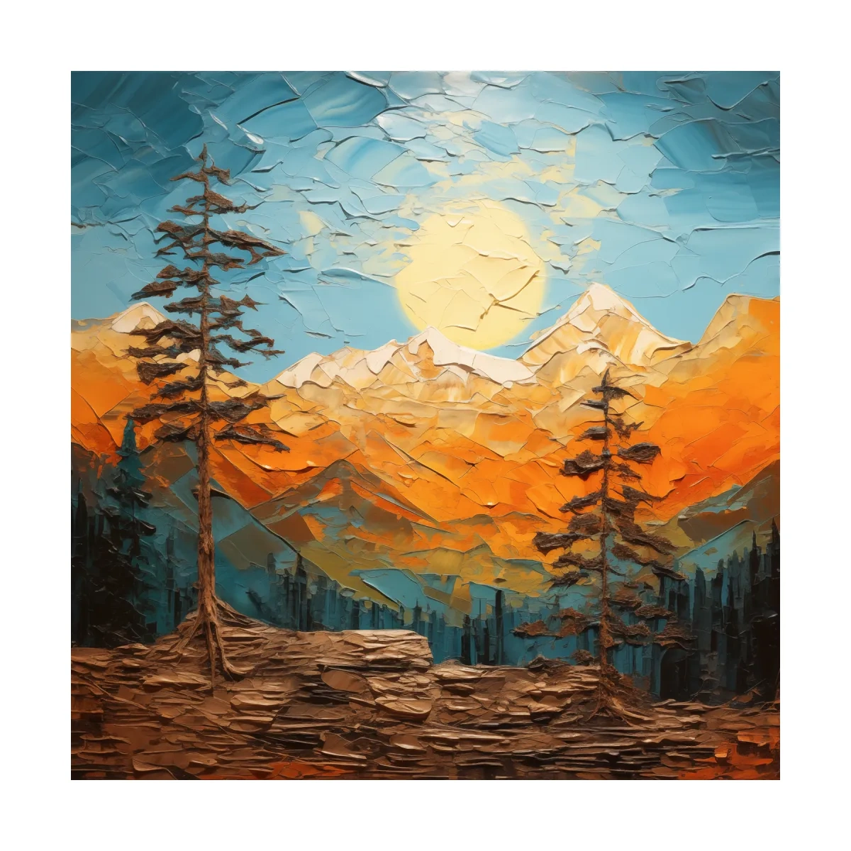 Impasto Style Mountain Sunrise Landscape - Bold Alpine Wall Art