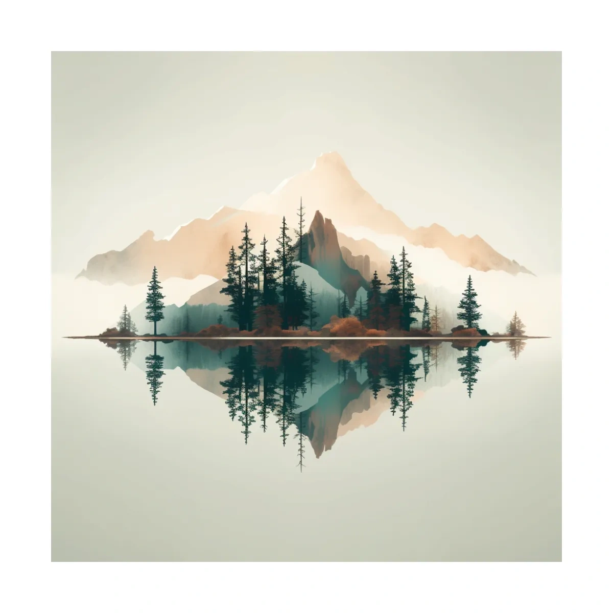 Minimalist Watercolor Mountain Lake Reflection - Serene Pine Forest Landscape Wall Art