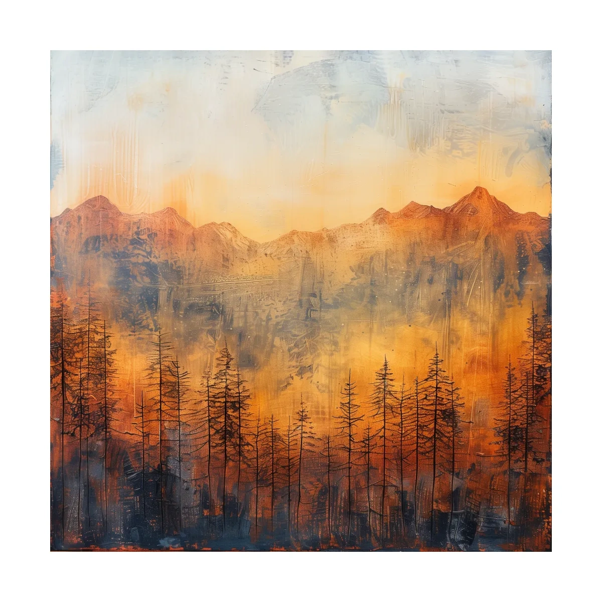 Moody Abstract Mountain Sunrise With Silhouetted Pine Forest - Textured Landscape Painting