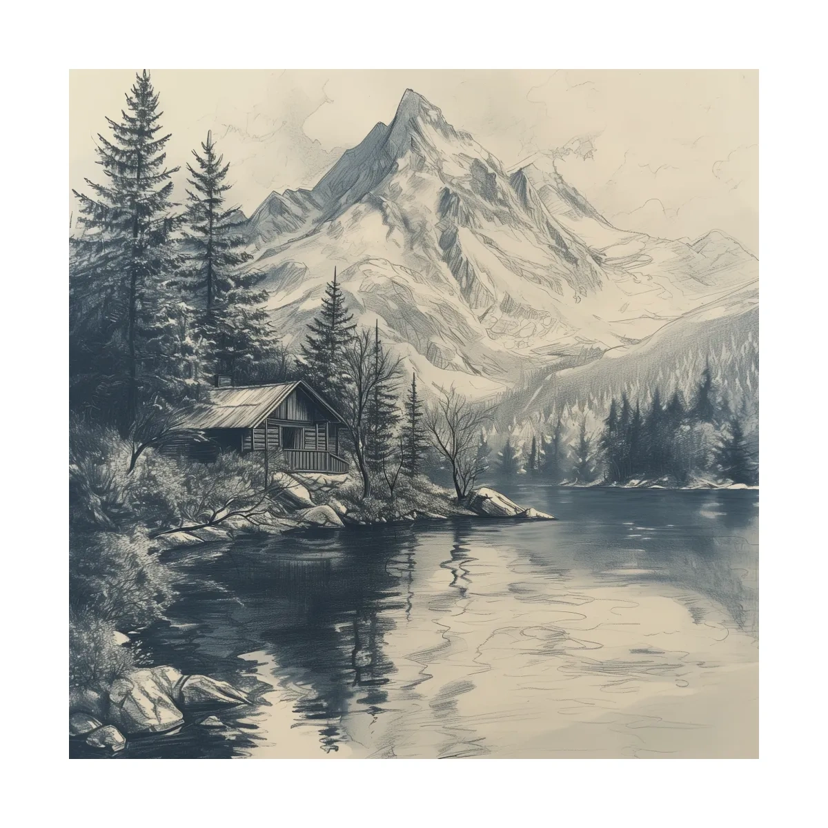 Vintage Alpine Cabin By Mountain Lake - Monochrome Pencil Sketch Landscape Wall Art