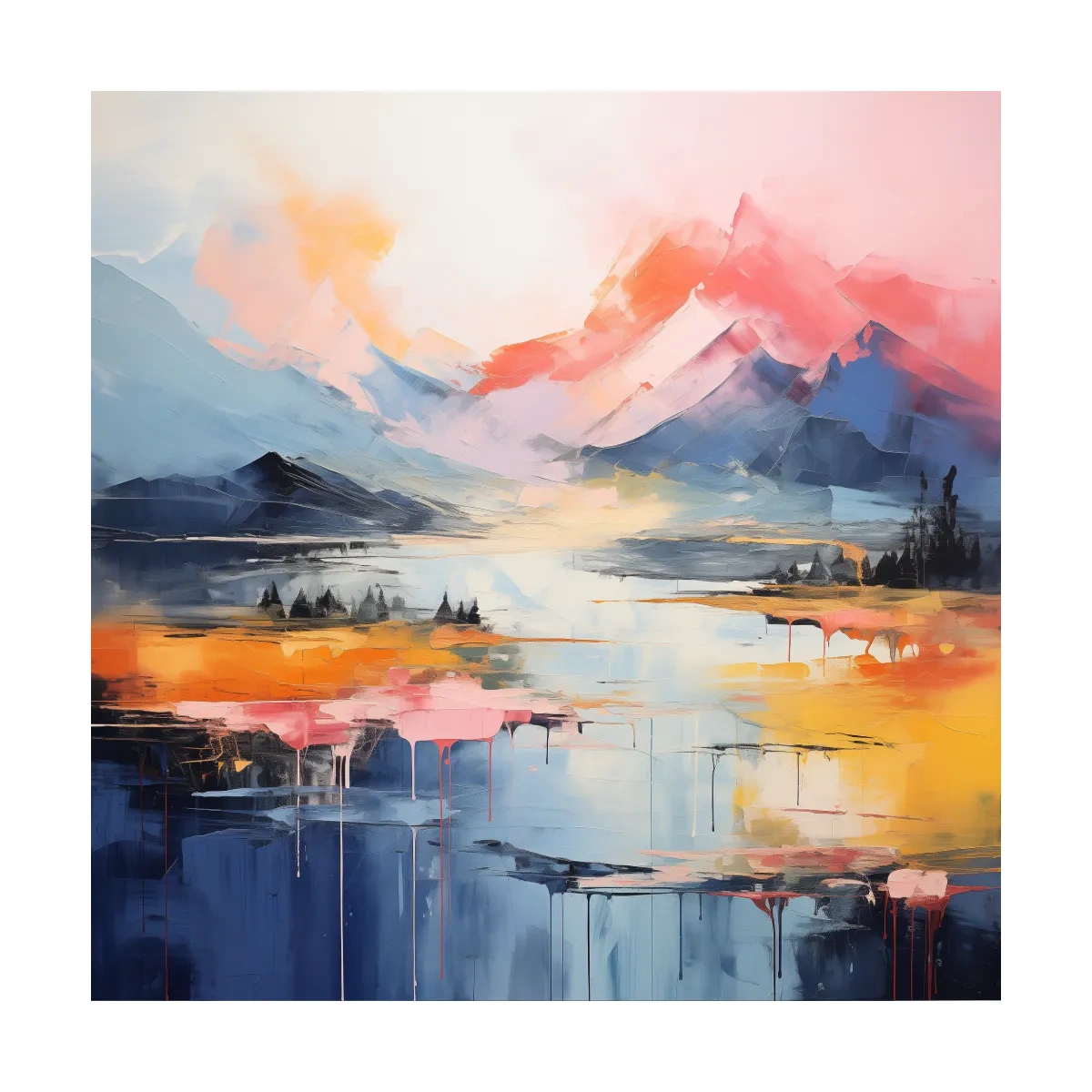 Vibrant Abstract Mountain Lake Sunset Painting - Colorful Modern Landscape Wall Art