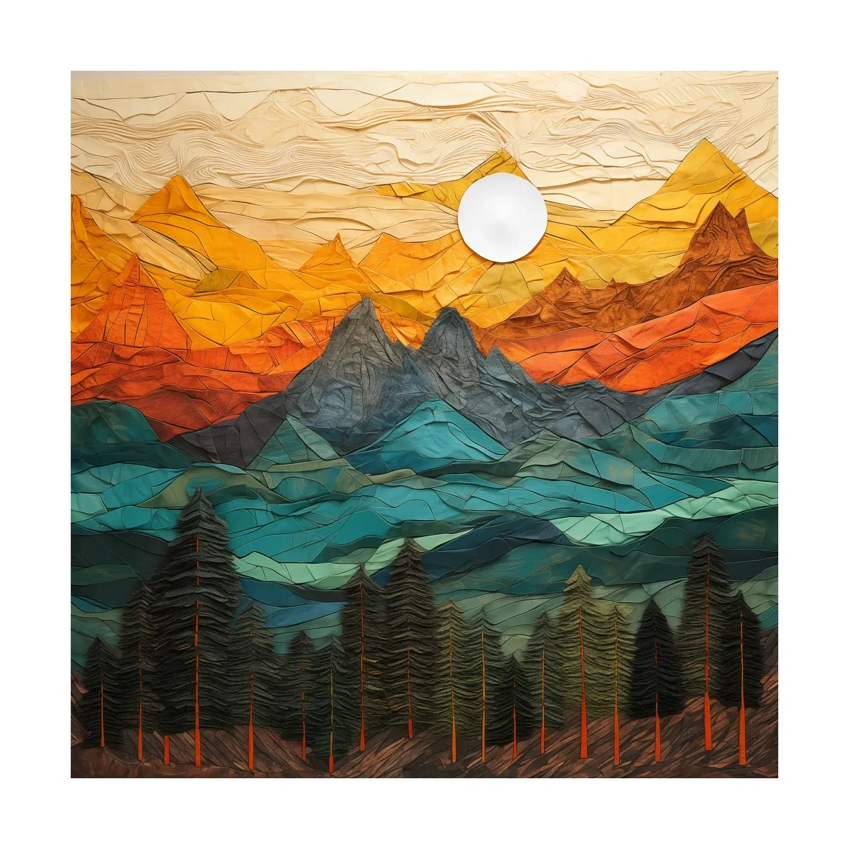 Layered Paper Cut Style Mountain Sunset - Colorful Abstract Forest Landscape Wall Art