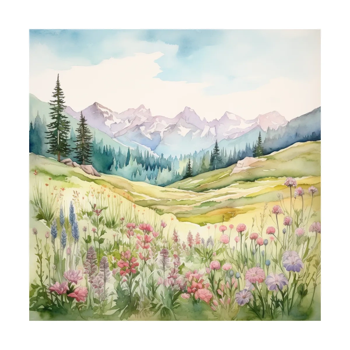 Alpine Meadows Wildflower Watercolour - Pastel Mountains Landscape Wall Art