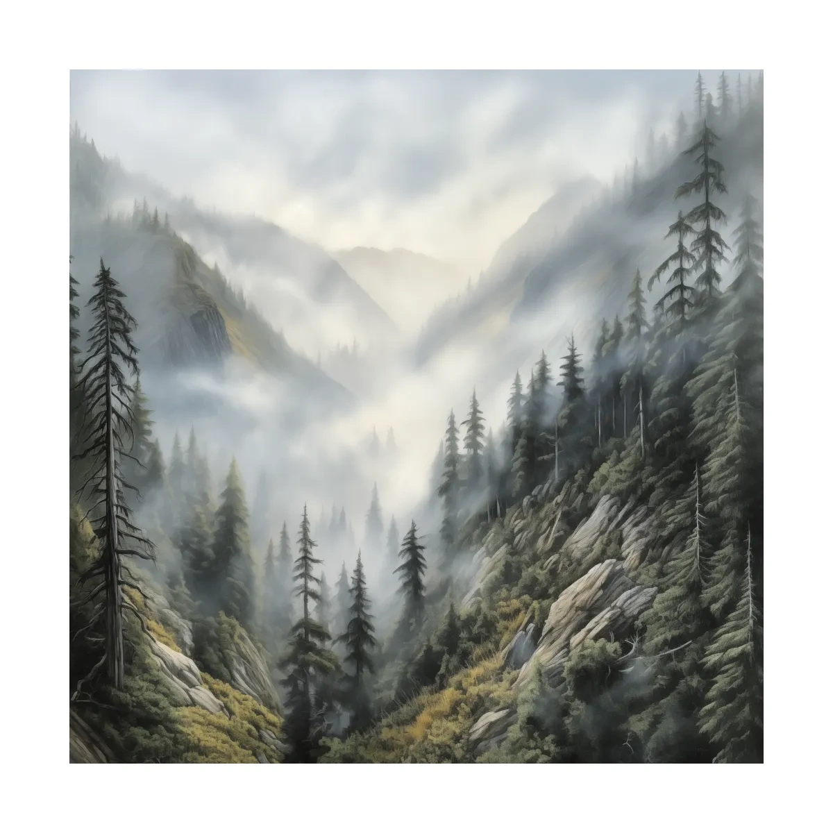 Misty Mountain Valley Pine Forest Painting - Foggy Alpine Landscape Wall Art