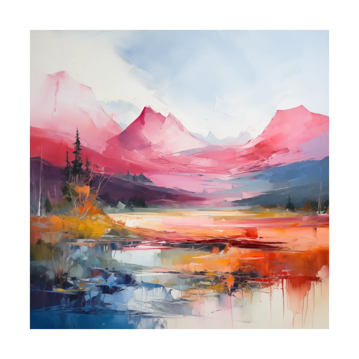 Vibrant Abstract Impressionist Alpine Lake Sunset Painting - Colorful Mountain Wall Art