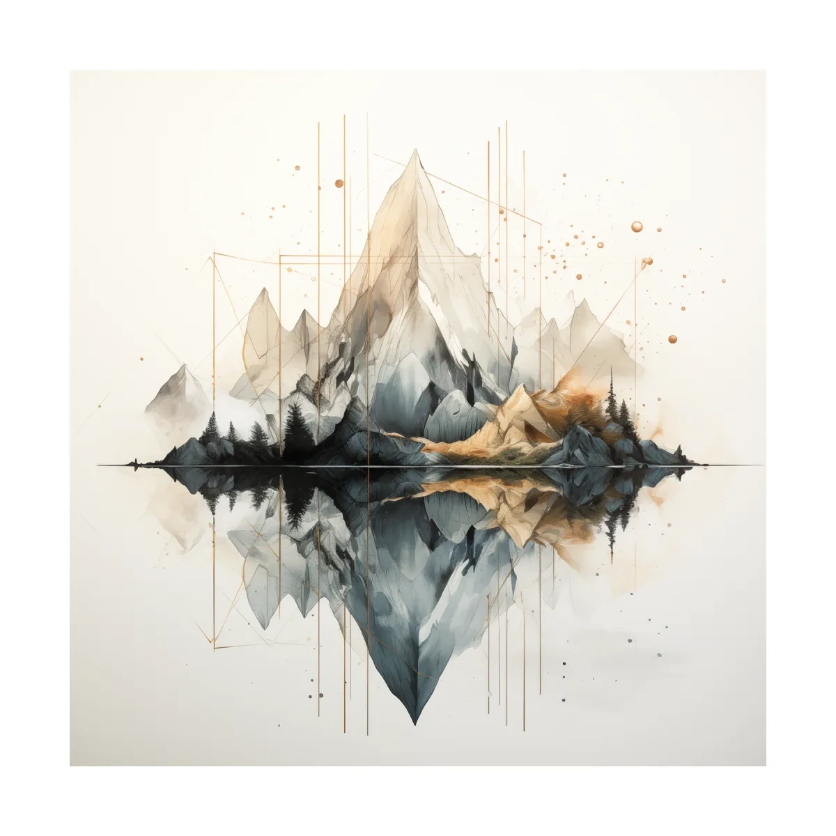 Geometric Watercolor Mountain Reflection Landscape - Modern Minimalist Wall Art