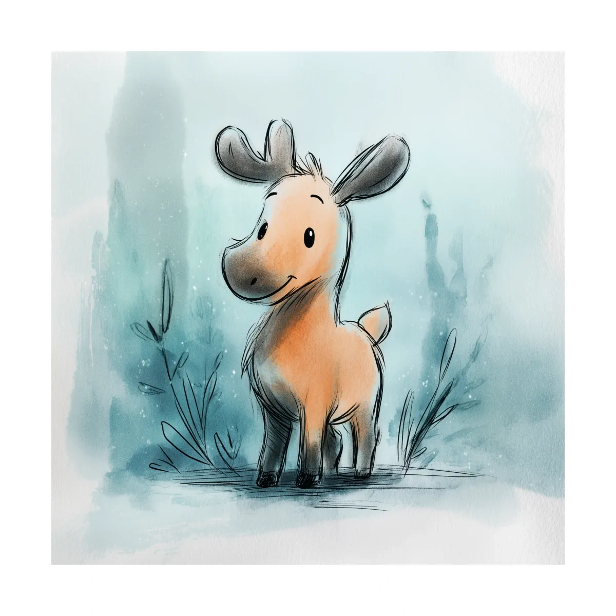 Cute Baby Moose Watercolor Illustration - Whimsical Nursery Wildlife Wall Art