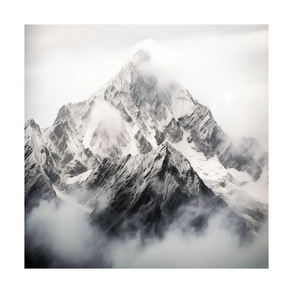 Snowcapped Alpine Peak Photography - Monochrome Mountain Wall Art