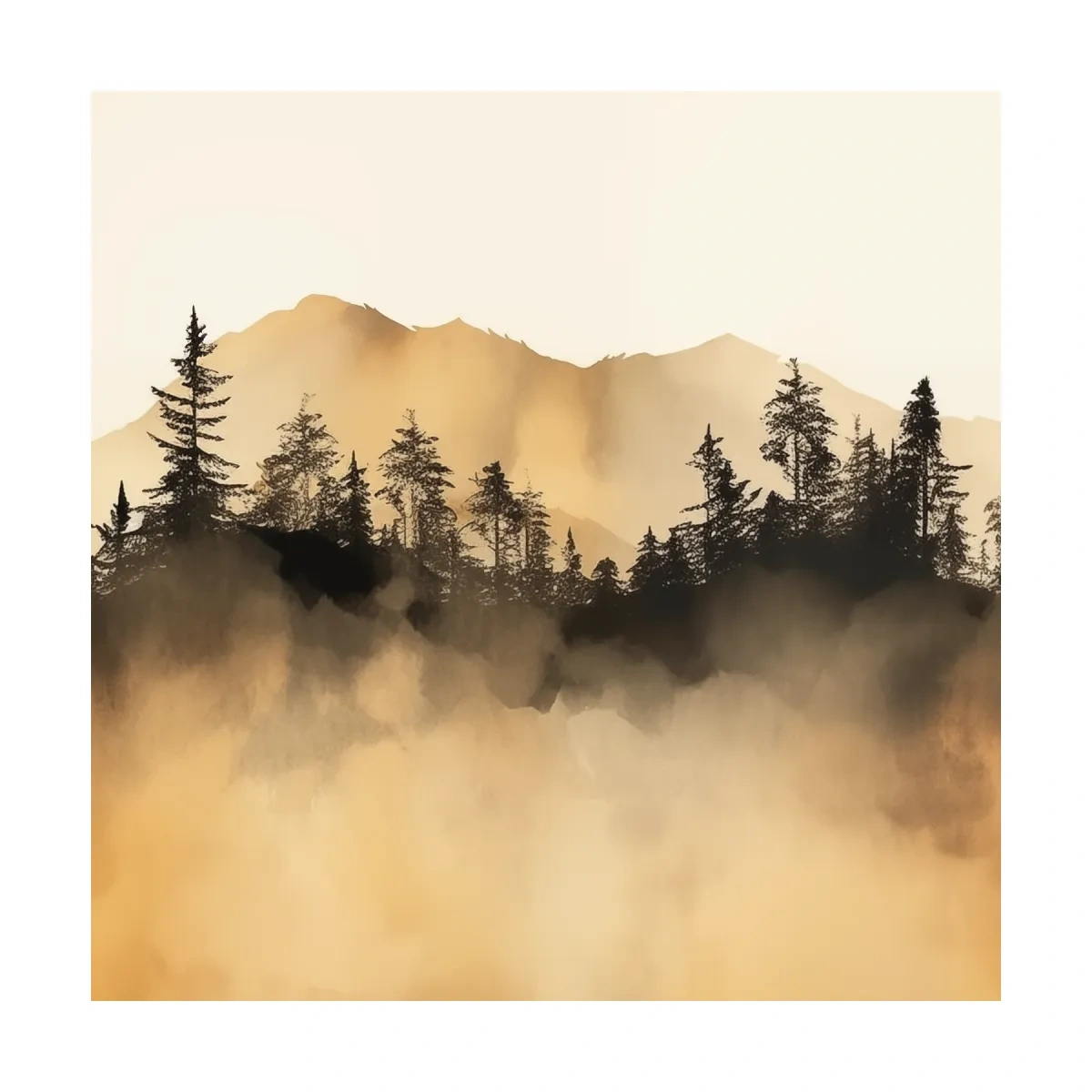 Misty Golden Mountain Pine Forest - Sepia Watercolor Landscape Wall Art