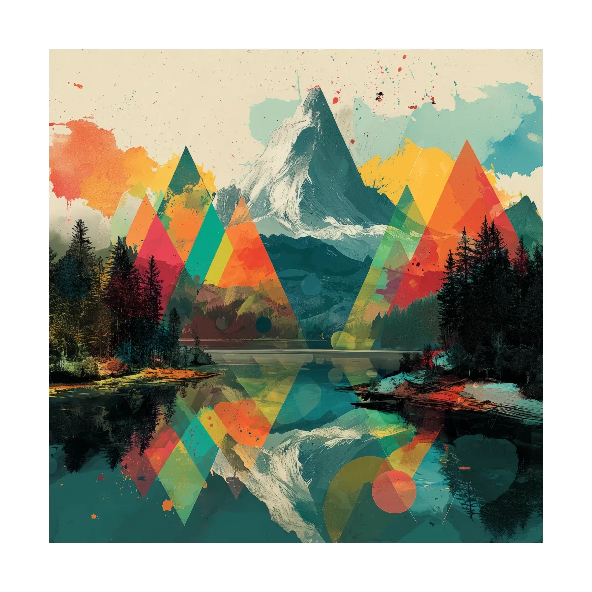 Vibrant Abstract Mountain Lake Collage Art - Colorful Alpine Wall Art