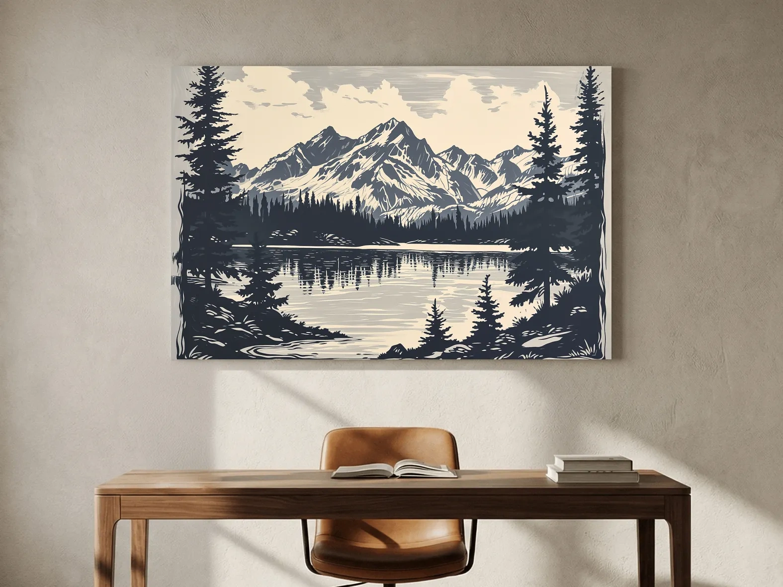 Vintage Alpine Lake Mountain Illustration - Monochrome Linocut Style Artwork