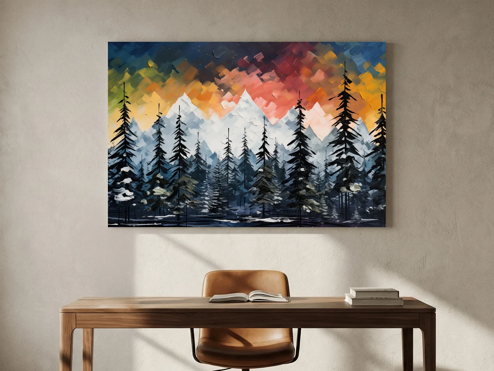 Moody Alpine Mountain Sunset With Pine Forest - Palette Knife Painting Style Landscape Art