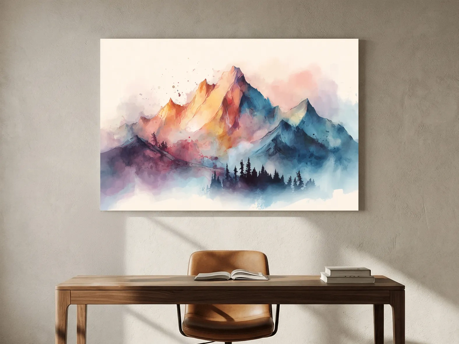 Vibrant Watercolor Mountain Peaks - Colorful Misty Alpine Forest Wall Art